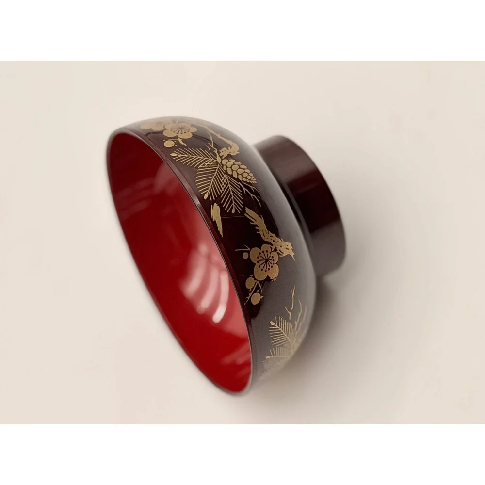 Japanese Lacquerware Miso Soup Bowl Red Gold Floral Pine Branch Design 4.75in